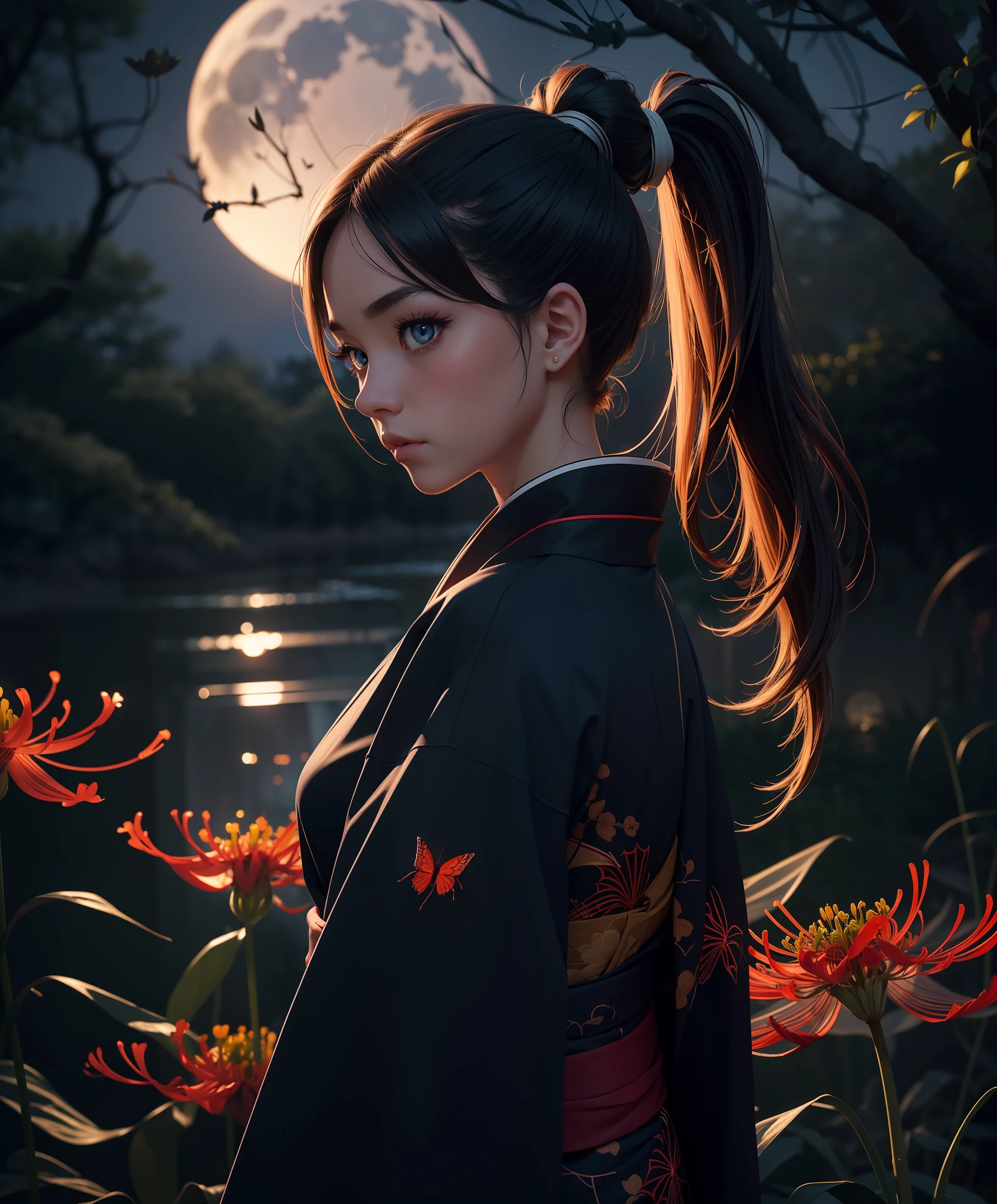 masterpiece, best quality, ((depth of field, cinematic lighting), atmospheric) , extremely detailed scenery, 1girl, long ponytail, kimono, glowing eyes, ghostdom, night, (spider lily), butterfly, full moon, looking at viewer,