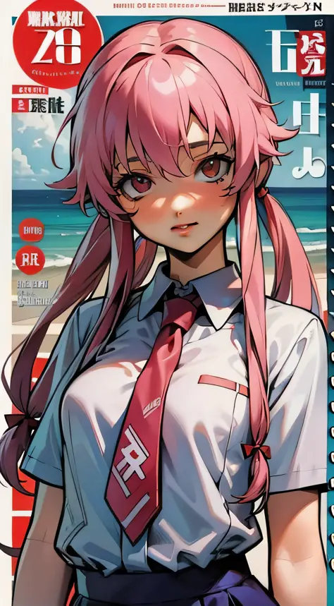 Gasai Yuno,校服，White shirt，Conservative，With a hint of life，red necktie，Ocean park，Comic cover style，Comic cover title,8K