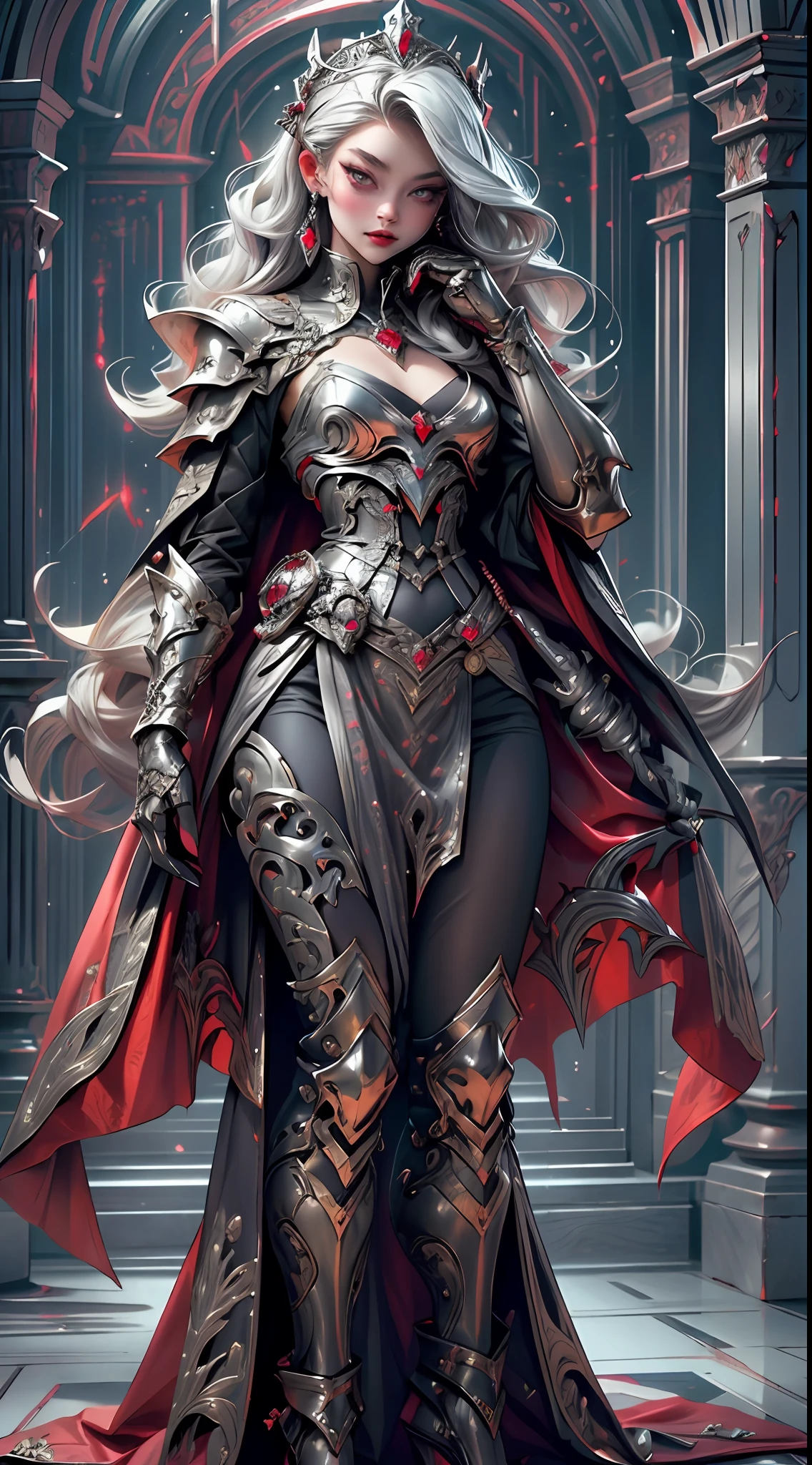 (tmasterpiece: 1.4, beste-Qualit), Ruby color, Silver color, (intricate detials), Unity 8k壁纸, Ultra-detailed, (fantasy vampire girl), illustartion, full - body, An ethereal figure, Otherworldly objects, (style by Alex Konstad: 1.3), Bright shades, l vampire, bloods, l vampire, (seductive dress), (medieval: 1.1), (Bold use of colors: 1.1), Wavy Hair, mid length hair, (ruby), (silver),  Detailed armor,Intricate Patterns.Chic crown with precious stones (ruby), Ruby cape with fur. The fusion of traditional and digital technologies (lock:1.2),