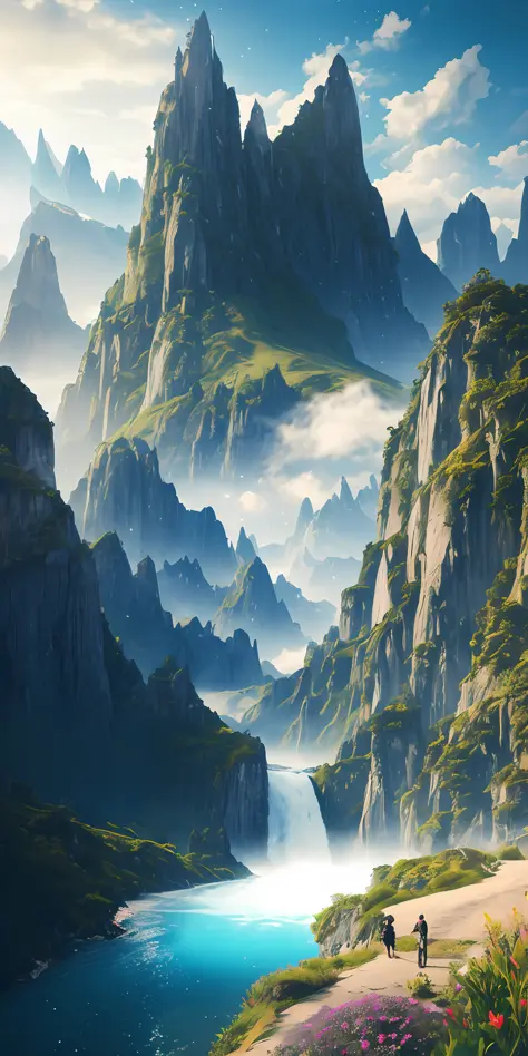 Towering mountains，rich details​，Ultimate depth of field，Rich mountain textures，A waterfall that flows down the mountain，8K，Full of layers，