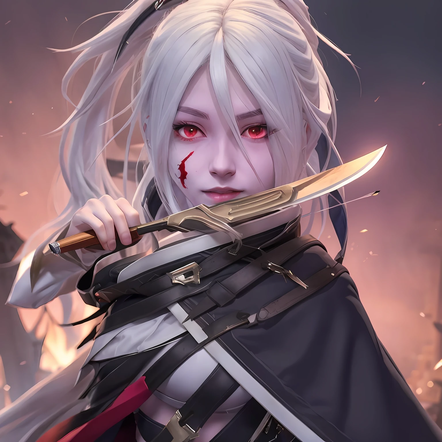 Chica anime con cabello blanco y ojos rojos sosteniendo un cuchillo., guweiz en pixiv artstation, guweiz en artstation pixiv, portrait yandere gapmoe grimdark, yandere gapmoe, yandere gapmoe grimdark, tendencia en artstation pixiv, yandere, arte anime limpio y detallado, guweiz, arte zerochan