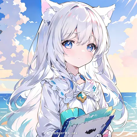"Cute anime girl with long white hair and blue eyes wearing a bow，Anime Catwoman with cat ears and white-haired fox，Beautiful white cat girl and anime cat，Cute anime girl with wolf ears，cute anime catgirl，Holo with white fur is a wolf girl，Very beautiful a...