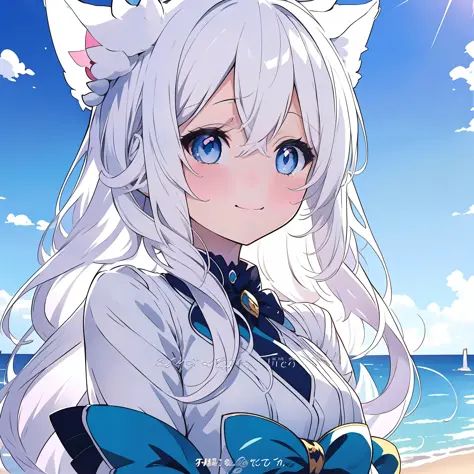 "Cute anime girl with long white hair and blue eyes wearing a bow，Anime Catwoman with cat ears and white-haired fox，Beautiful white cat girl and anime cat，Cute anime girl with wolf ears，cute anime catgirl，Holo with white fur is a wolf girl，Very beautiful a...