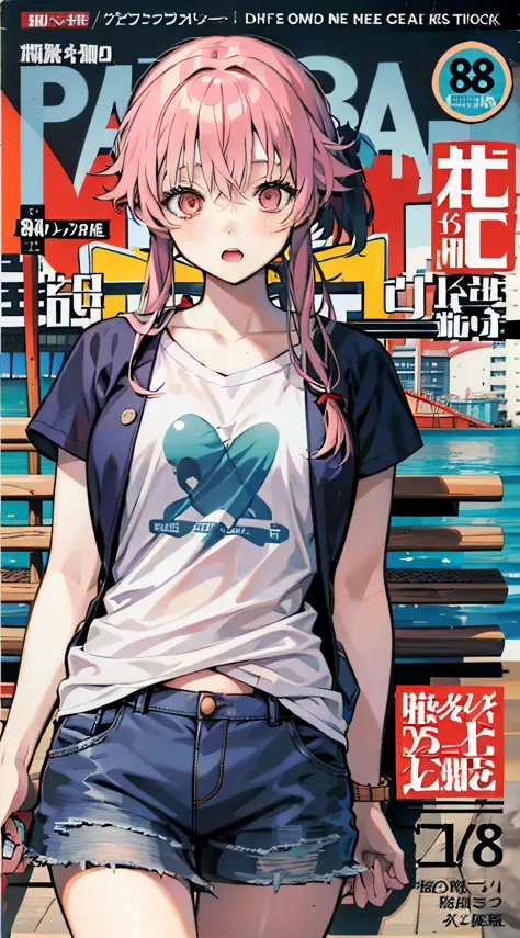 kasai yuno,校服，white shirt，ocean park，with a hint of life，ocean park，comic cover style，comic cover title,8k