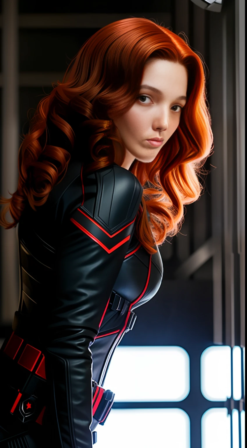 A woman wearing the Black Widow outfit from the Marvel movie, she is ...