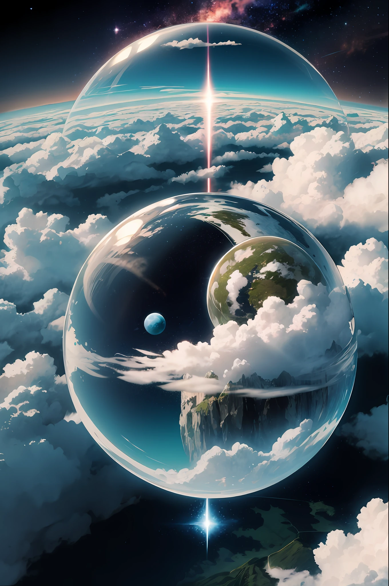 A giant mirrored sphere floating in space, luzes cintilantes, uma letra W (sky like green fields surrounded by high mountains and clouds:1.3), particles in the air, raios de deus, estrelas ao fundo, fractais intrincados, detalhados, (illustration), obra-prima, alta resolução, melhor qualidade.