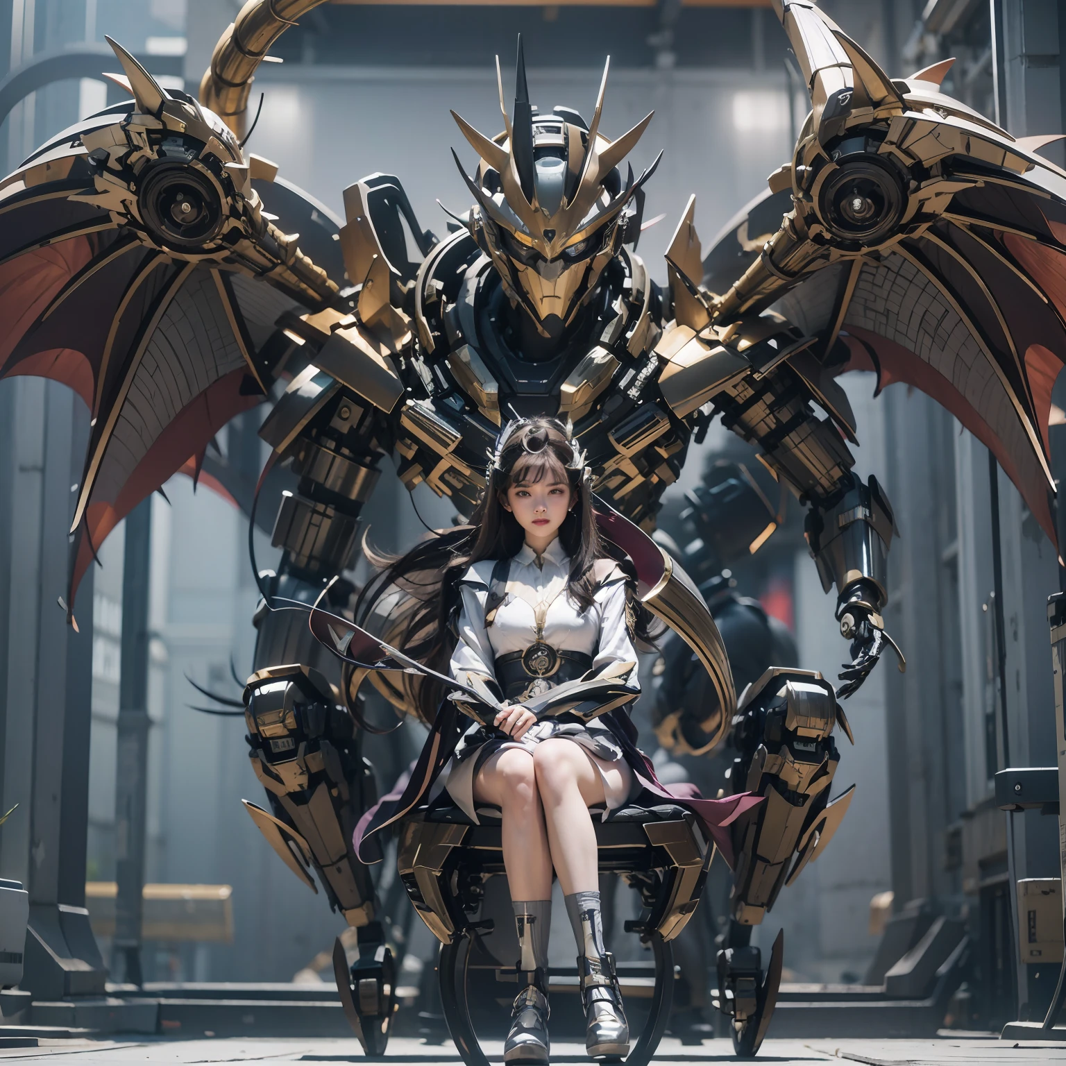 1girll，Big eyes，Perfect facial features，With a mecha helmet，mechs，Photorealsitic，Metallic，sitting on a stool，eyes looking at the lens，Lips slightly open，There is a mecha dragon behind him，Dragon，best qualtiy，c4d渲染，rendering by octane，Cinematic quality，tmasterpiece，16k