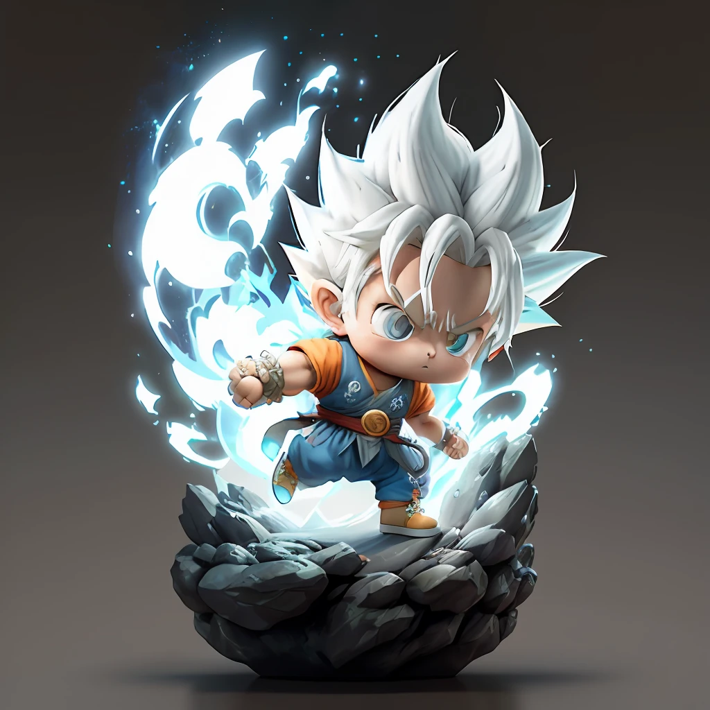 goku, Super Saiyan, cabello exquisito, representación del brazo, cuerpo de pelo blanco y azul, zapatos exquisitos, representación del ojo, cabello exquisito, Caja ciega Popmart, textura de arcilla, pisando la tierra, Fondo blanco y negro, iluminación natural, la mejor calidad, súper detalle, arte 3D, c4d, renderizador oc, Representación 3D, 8k