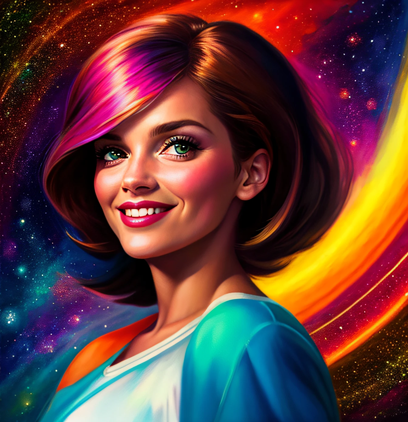 a one woman, purple and blue hair, up to the shoulder, honey brown eyes, smirk on face, princess outfit. Looking at two picture frames, with photo of man. Colorful cosmic space background in circular motion. Standard human body, two-legs, two arms, perfect hands, High Definition Face, perfect human face, digital illustation, oil-painting, high qualiy, dynamic  lighting, etherial lighting, ultra detail, chic, Masterpiece artwork