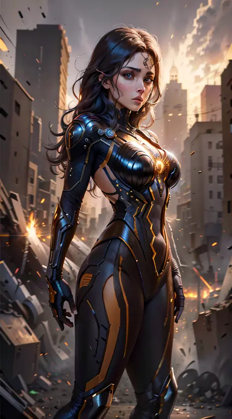 Jennifer Esposito em traje marrom detalhado do Homem-Aranha, seios grandes, Superhero pose, standing in ruined city at sunset, h...