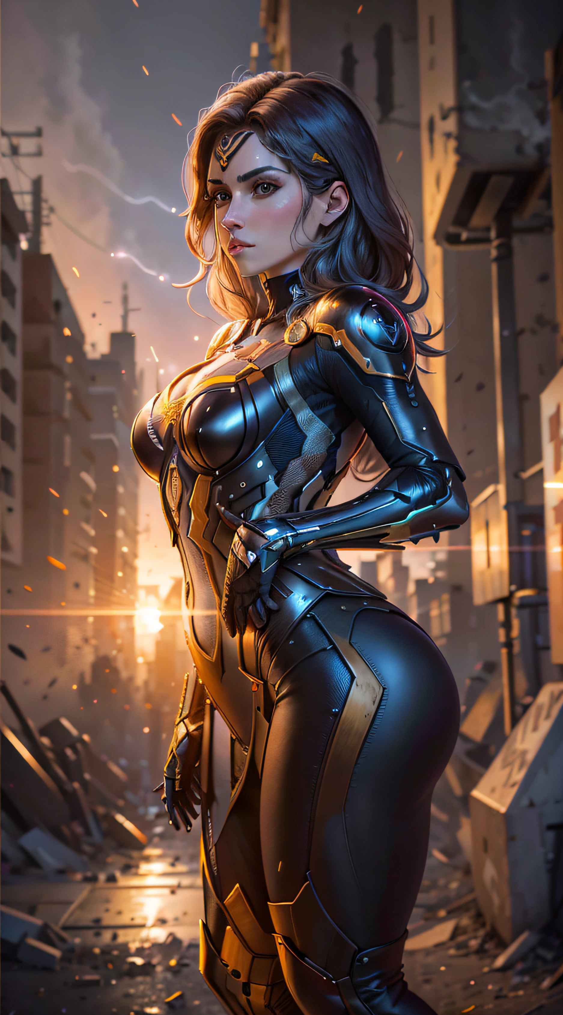 Jennifer Esposito in detailed brown Spider-Man costume, breasts big, Superhero pose, standing in ruined city at sunset, hyperdetailed, smoke billowing, Sparks, Sun'rays, (8K), Realistic, Symmetric, awardwinning, cinematographic lightning, soggy, film, 75 millimeters, Scratches, full body shot shot, Close-up, torn and dirty clothes, face detailed, --auto