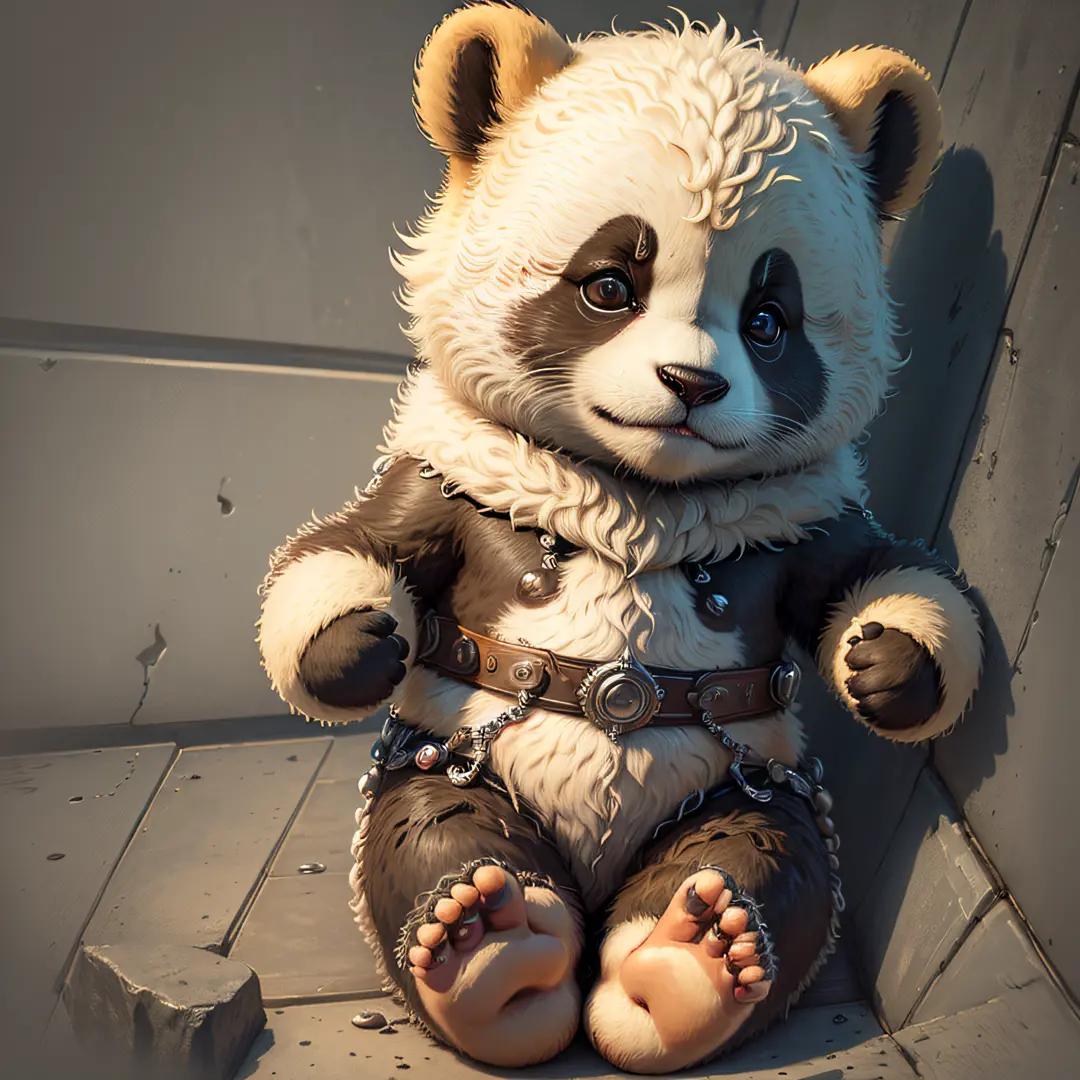 Un lindo oso panda hecho de peluchel, (parado en 2 patas) (real: 1.1), (mano levantada), (detalle intrincado), hdr, (hiperdetallado: 1.2), lente de cine, sombra de halo, centrado