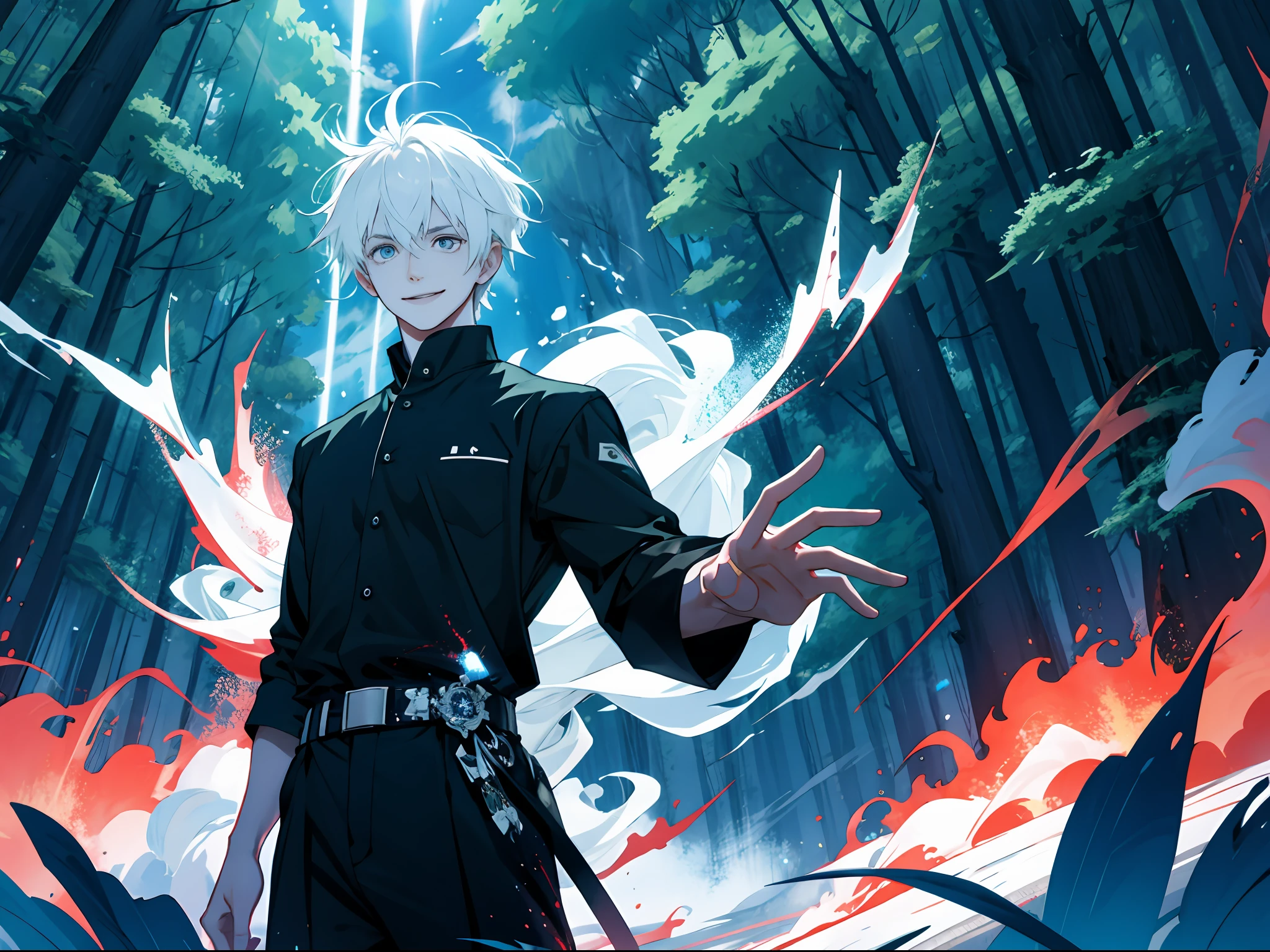 A man with short white hair, black shirt, standing on a forest path, spreading his hands while meditating, with a happy expression, the background is trees and the sky, but there are wormholes on the ground, surrounded by blue flames, golden and red lightning, high-speed movement, panoramic emergence, express dynamic and multi-angle light and shadow effects, generate 16K level detailed pictures.