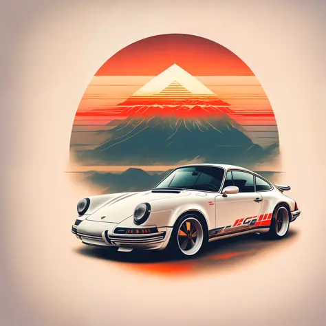 T-shirt graphic design artwork, Vintage graphic design, porsche 911, High level of detail, Vector image, A realistic masterpiece, professional photoshooting, Car simple sunrise background, white backgrounid, Tricolor, Designed t-shirts for Adobe illustrato...