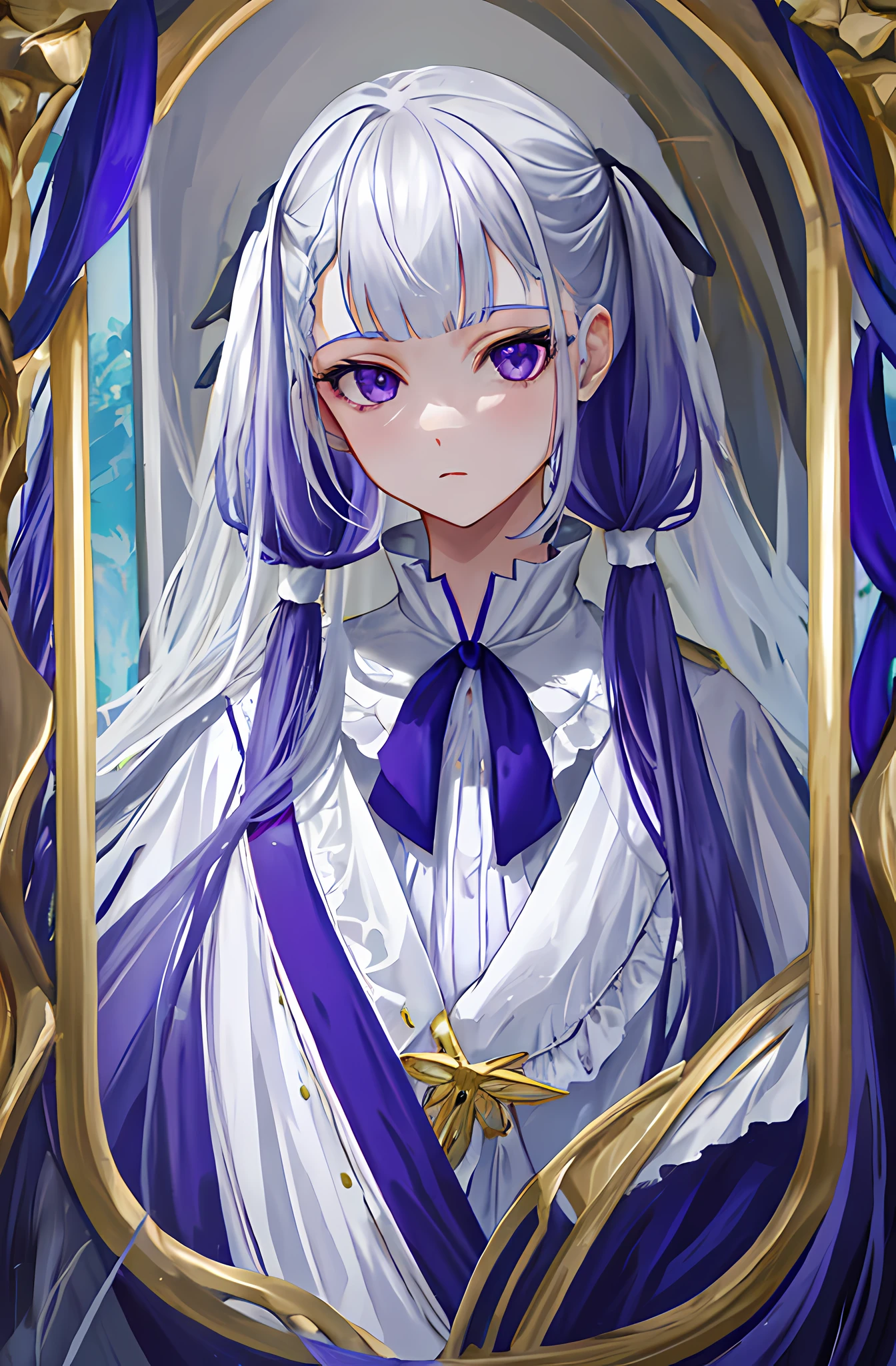 euphyllia_magenta，pigtails，Long silver hair，Portrait of a European woman，Shining purple eyes，earnestly，divino