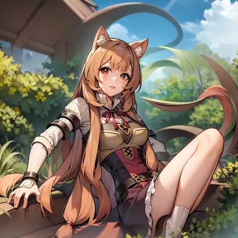 Anime girl with long hair sitting on wood in the woods, Holo is a wolf girl, holo if a wolf girl, Kushatt Krenz Key Art Women, o...