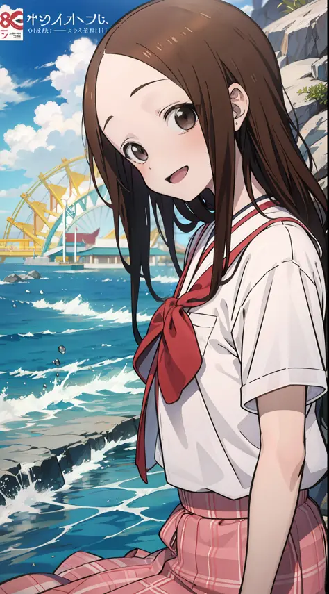 takagi-san，校服，white shirt，late hand，sick expression，ssmile，ocean park，with a hint of life，ocean park，comic cover style，comic cov...