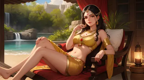 reclining nair lady by artist raja ravi varma, realistic, 8k, ultra-detailed, unreal engine, midjourney art style