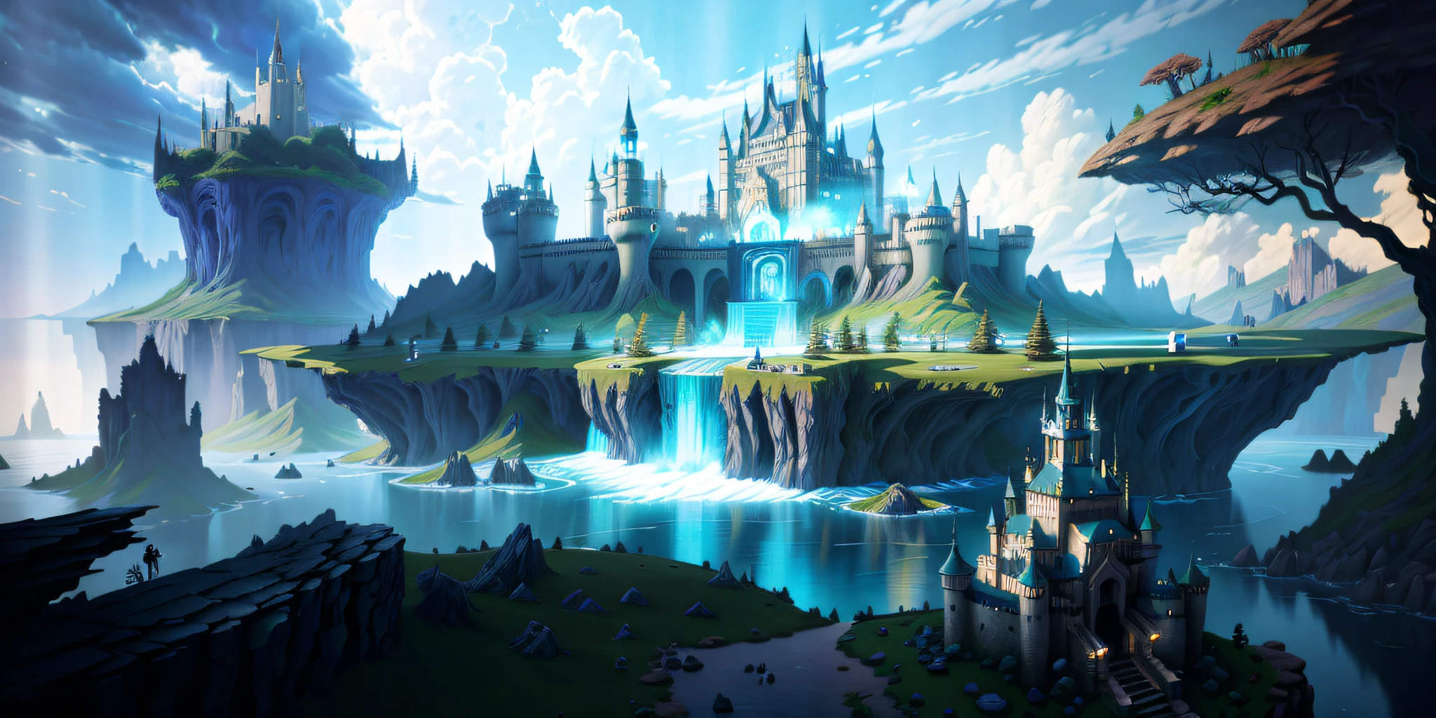 There is a castle in the middle of the lake，with a waterfalls, Fantasy art Behance, magical fantasy 2 d concept art, fantasy concept art, fantasy game art style, Fantasy castle, Detailed digital 2D fantasy art, Fantasy art style, Unreal Engine fantasy art, Digital 2D fantasy art, Epic fantasy digital art style, fantasy world concept, high fantasy castle
