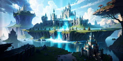 There is a castle in the middle of the lake，with a waterfalls, Fantasy art Behance, magical fantasy 2 d concept art, fantasy con...