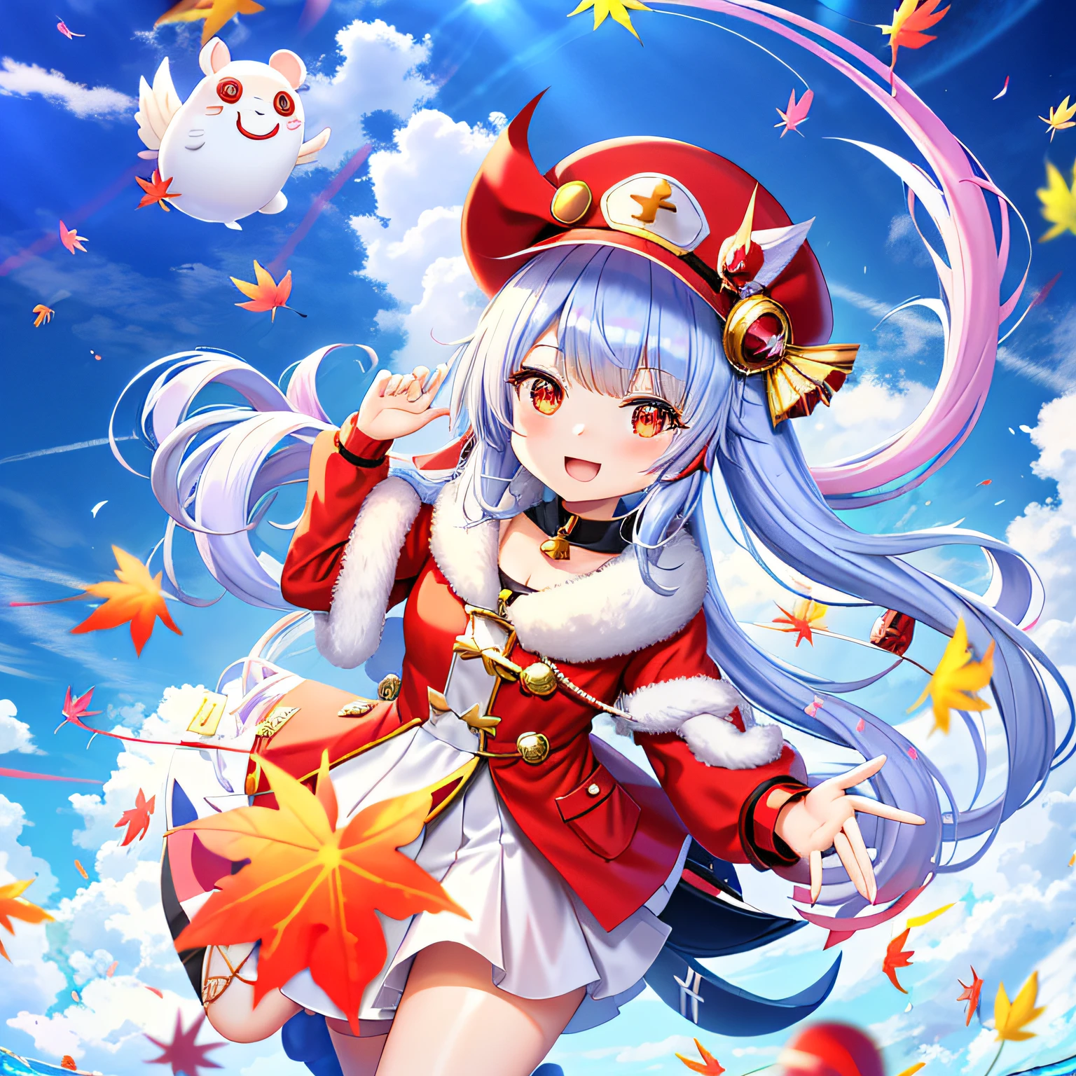 Anime girl au chapeau et manteau rouge volant dans le ciel, splash art anime loli, souris d&#39;érable, , oeuvre officielle, Une scène du《voie d&#39;azur》jeu vidéo, mana dans l&#39;air, voie d&#39;azur style, style artistique de l&#39;usine de runes 5, Impact d&#39;Ayaka Genshin, fille alchimiste, art des personnages de l&#39;histoire de l&#39;érable, fille d&#39;arme à feu d&#39;histoire d&#39;érable