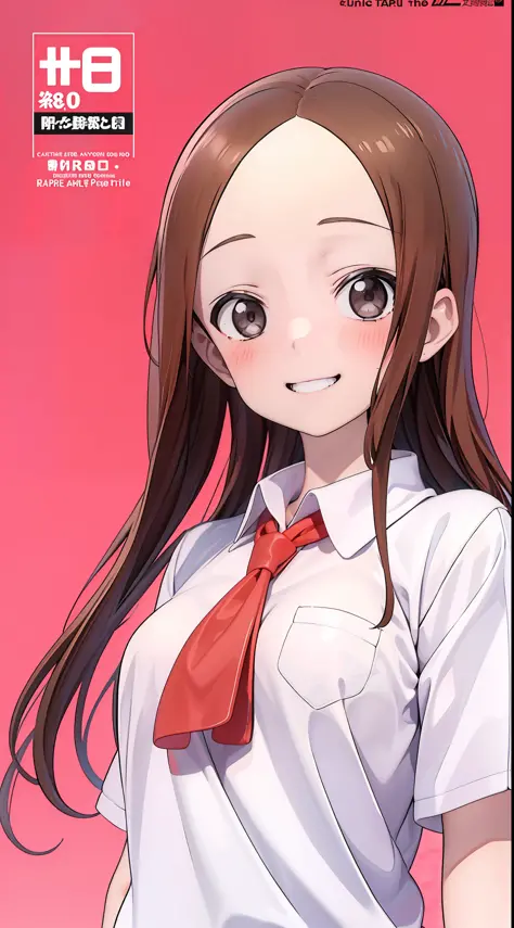 takagi-san，校服，white shirt，ssmile，comic cover style，comic cover title,8k