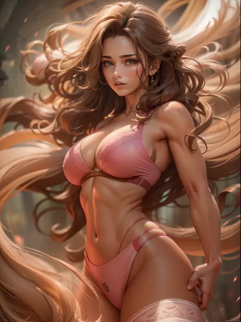 RAW, beautiful woman, (long brown, wavy hair), sexy figure, (masterpiece) (perfect proportion)(realistic photo)(best quality) (detailed) (8k) (HDR) (wallpaper) (cinematic lighting) (sharp focus) (intricate) aerith Gainsborough,  pink bikini, (huge breasts:...