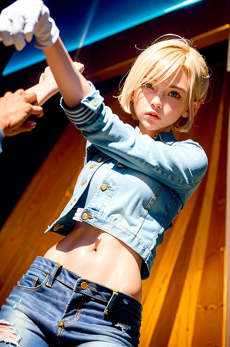 (((1 girl,  cute, denim jacket, white top, jeans, Gloves, blond, short hair, bob hair,  side parted hair, blue eyes))), (((blond hair))), 
dynamic poses, manga style, depicting a group of characters in various action scenes, from intense battles to lighthe...