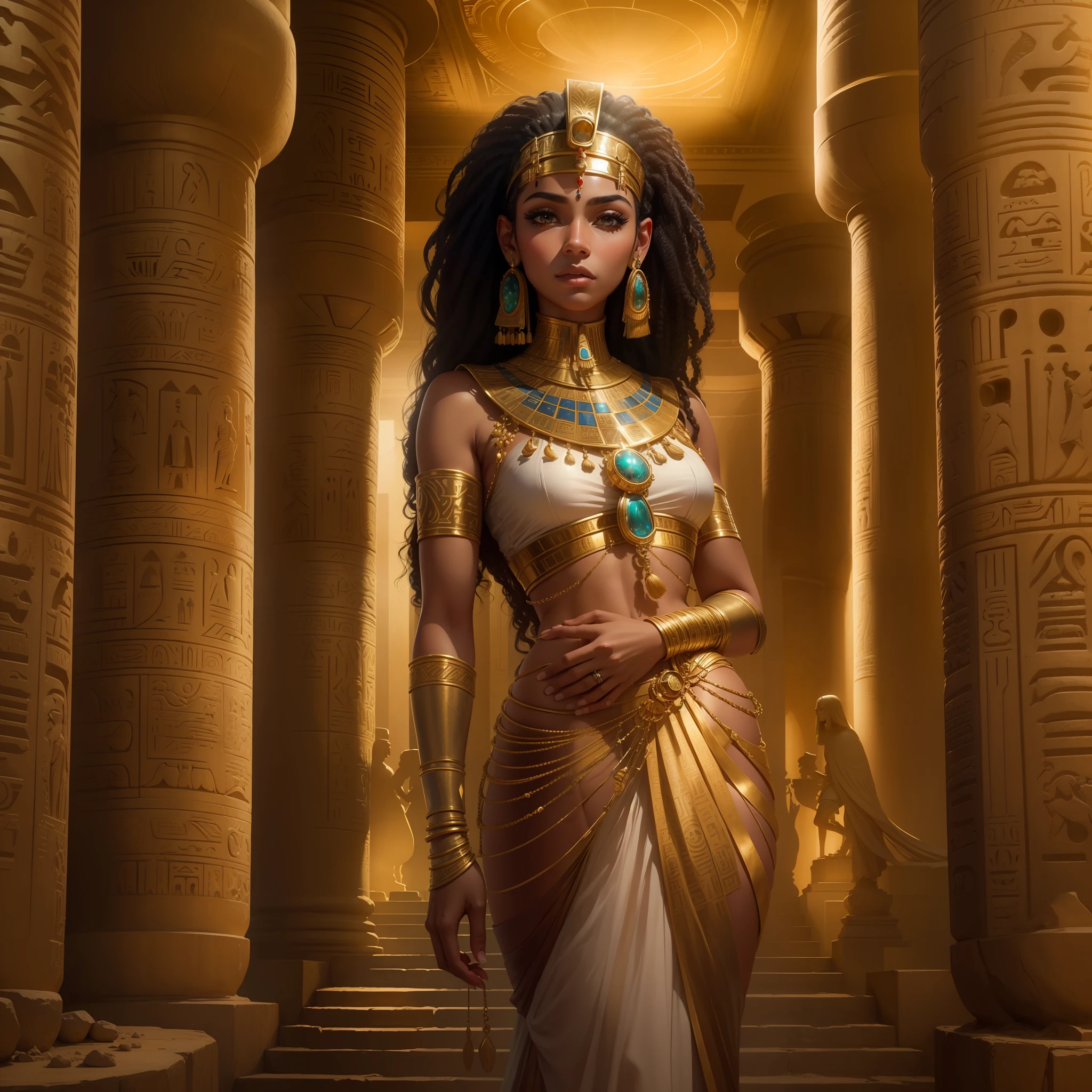 A majestic Egyptian woman, wrapped in an aura of mystery and beauty, is ...