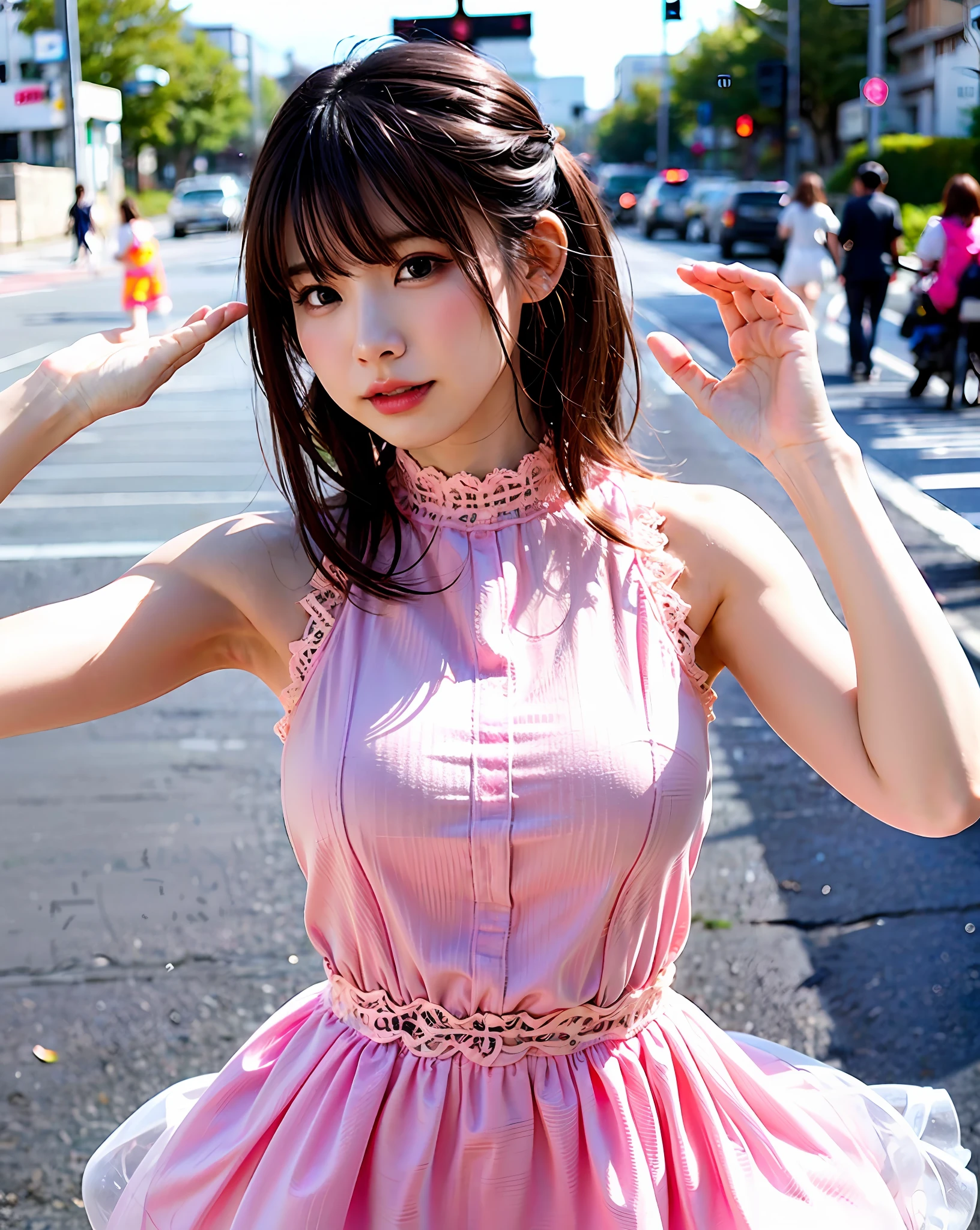 a woman posing on the rue corner with Robe rose on, Meilleure qualité, haute résolution, 8k, 1fille, (Des seins énormes), jour, brillant, Extérieur, (rue:0.8), (personnes, Foules:1), (robe à finitions en dentelle:1.5, Vêtements roses:1.5, robe rose à col montant:1.5, Robe sans manches, Robe rose: 1.5), magnifique, (Cheveux moyens), Beau ciel détaillé, Belles boucles d&#39;oreilles, (pose dynamique:0.8), (Haut du corps:1.2), éclairage doux, Vent, peau brillante, regarder le spectateur,