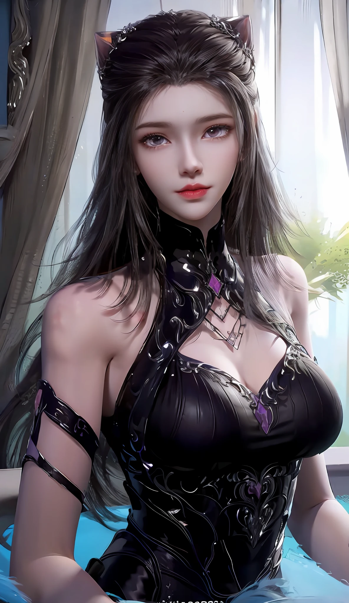 Anime - Stylistic image of a woman in a white and purple dress miniskirt，4 K detail fantasy，3 D rendering character art 8 K，anime highly detailed，Smooth anime CG art，Popular on CGstation，8K high-quality detail art，goddes。extremly high detail，hyper-detailed fantasy character，highly detailed character，2。5 D CGI anime fantasy artwork，Cat ears