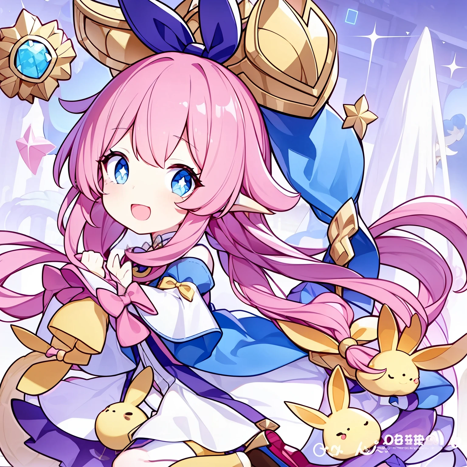 1girll, Animal ears, Pink hair, Long hair, Rabbit, Open mouth, Smile, Rabbit ears, bow, Solo, White background, dress, Pantyhose, the wall, Blue eyes, view the viewer, :D, full body, Simple background, nail polish, streaked, Holding, Arm Raised, Hair accessories hair bye, Long sleeves, Puffy sleeves, Water-colored footwear, shoes, Blue footwear, Jumps, Animal, Blush, argyle, Star (symbol), holding wand, Very long hair, ribbon,