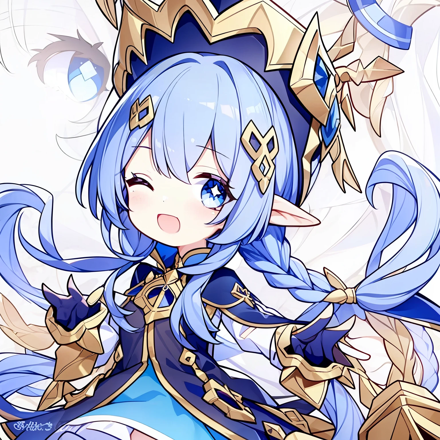 1girll, Solo, One eye closed, ahoge, Braid, Blue eyes, Star (symbol), Blue nails, Boots, full body, bow, Animal ears, jewelry, Long hair, view the viewer, nail polish, Fur trim, Open mouth, multicolored hair, A blue headdress, dress, ;Tai, Puffy sleeves, Cape, Goodbye to hair accessories, hairstyles, Hat, bangs, Long sleeves, Blue bow, hair adornments, Blue hair, Starry sky print, Blue dress, Blonde hair, Blue cape, chain, Very long hair, Skirt, x hair ornamen, Wings, streaked, Blush, Earrings, Blue footwear, Head wings, :Tai, constellation print, puffy long sleeves, Blue skirt, striped bow, Socks, constellation,