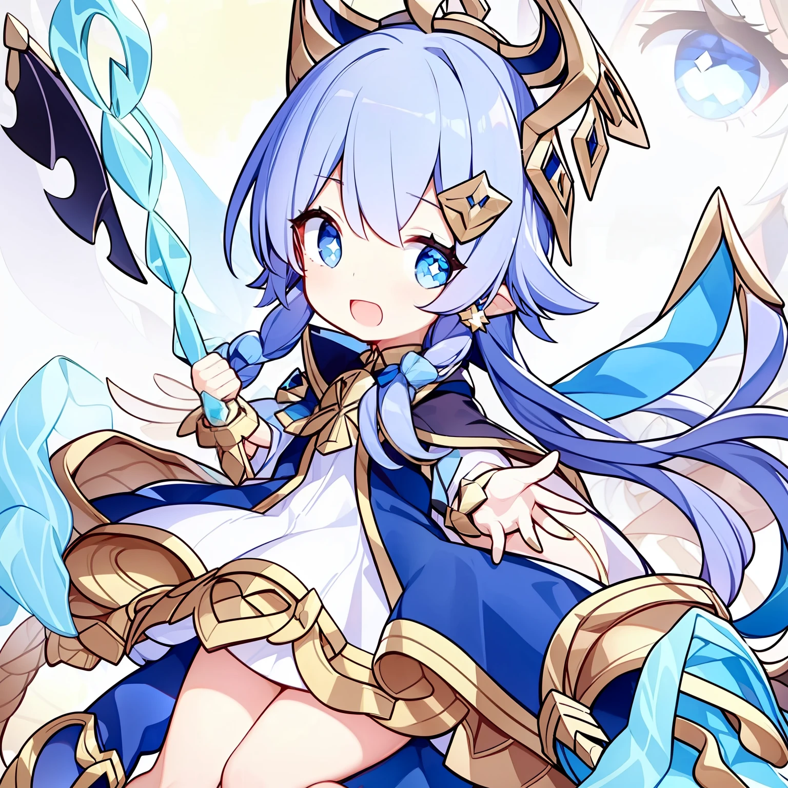 1girll, Solo, One eye closed, ahoge, Braid, Blue eyes, Star (symbol), Blue nails, Boots, full body, bow, Animal ears, jewelry, Long hair, view the viewer, nail polish, Fur trim, Open mouth, multicolored hair, A blue headdress, dress, ;Tai, Puffy sleeves, Cape, Goodbye to hair accessories, hairstyles, Hat, bangs, Long sleeves, Blue bow, hair adornments, Blue hair, Starry sky print, Blue dress, Blonde hair, Blue cape, chain, Very long hair, Skirt, x hair ornamen, Wings, streaked, Blush, Earrings, Blue footwear, Head wings, :Tai, constellation print, puffy long sleeves, Blue skirt, striped bow, Socks, constellation,