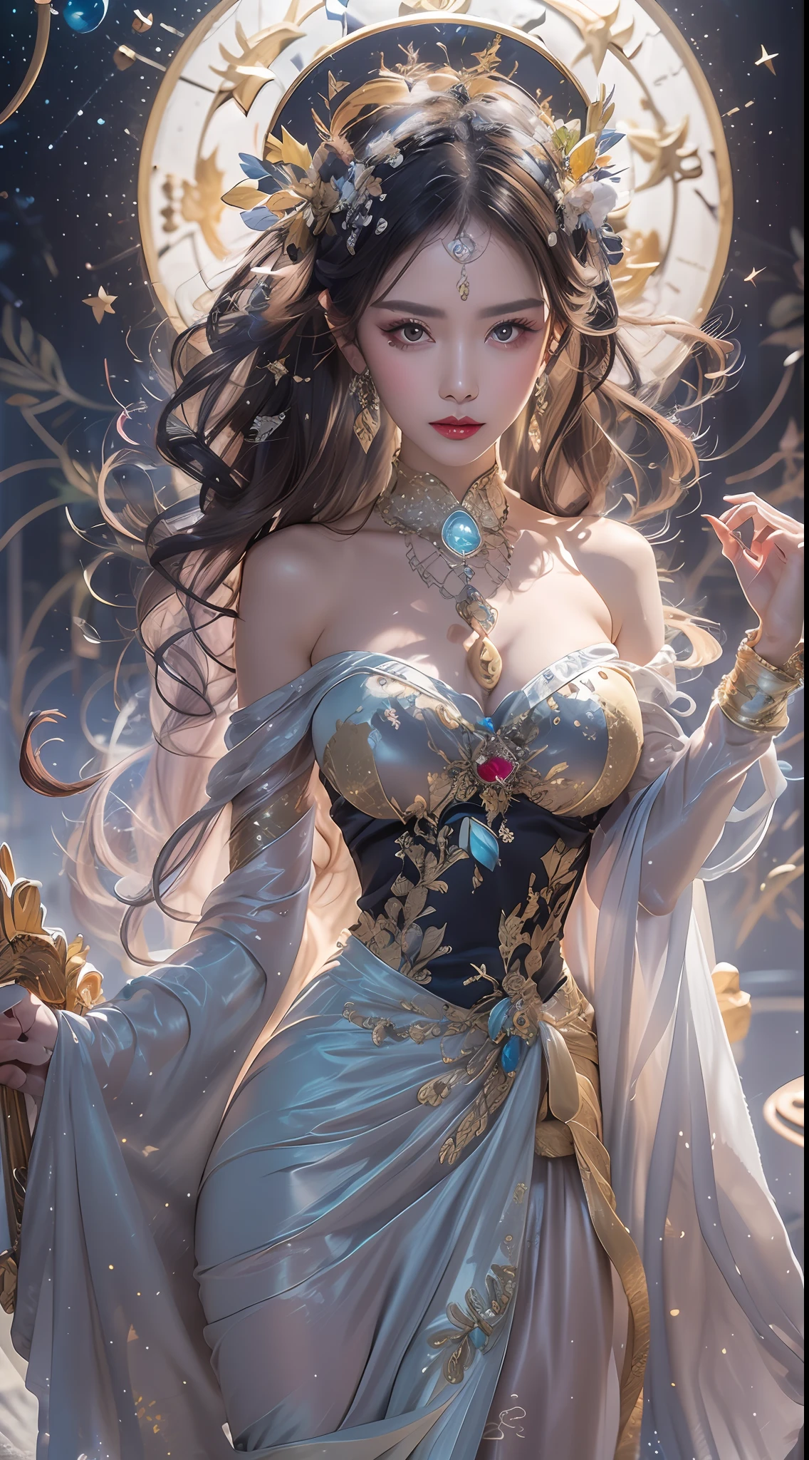 1 goddess of the zodiac from the future wears a thin 真丝连衣裙, 十二星座女神很漂亮, the goddess of the zodiac wears a colorful thin 真丝连衣裙 with sexy black and white lace, 女神帶著絢麗的紫色蝴蝶結，光芒四射, pink 十二生肖, star in the picture of 12 十二生肖s, goddess of the zodiac in a thin 真丝连衣裙, golden zodiac with many black 細節s, 十二生肖神話女神, 十二生肖, 十二生肖風格, 黑暗而神秘的版本, 豐滿的乳房, 胸部又大又圓, 勻稱的美胸與美麗的紅唇, 嚴重不笑, 人們卡羅爾·巴克和皮諾·德埃尼, intricate 細節, 細節ed background, 許多背景物體, extremely 細節ed, 魔光, 女士, 長髮染成七種顏色，紮得整整齊齊, 面容清晰無疤痕, 臉蛋美麗，眼睛勻稱, 俏麗迷人的紅唇, 圓圓的大眼睛和漂亮的妝容. 細節, 遠焦, 真丝连衣裙, 髮飾, 頸飾, 禮服首飾, 手臂和大腿首飾, 女神腳飾, 神秘珠寶, (上肖像: 1.9) , 懸臂, 性感誘人的十二生肖女神 , (空間: 1.8), (星系: 1.7), 極光, 闪电, (極光 background: 1.8), 漂亮的眼睛, 漂亮的眼睛 photo, 美麗與鮮花的女神, fantasy 魔光 effect,