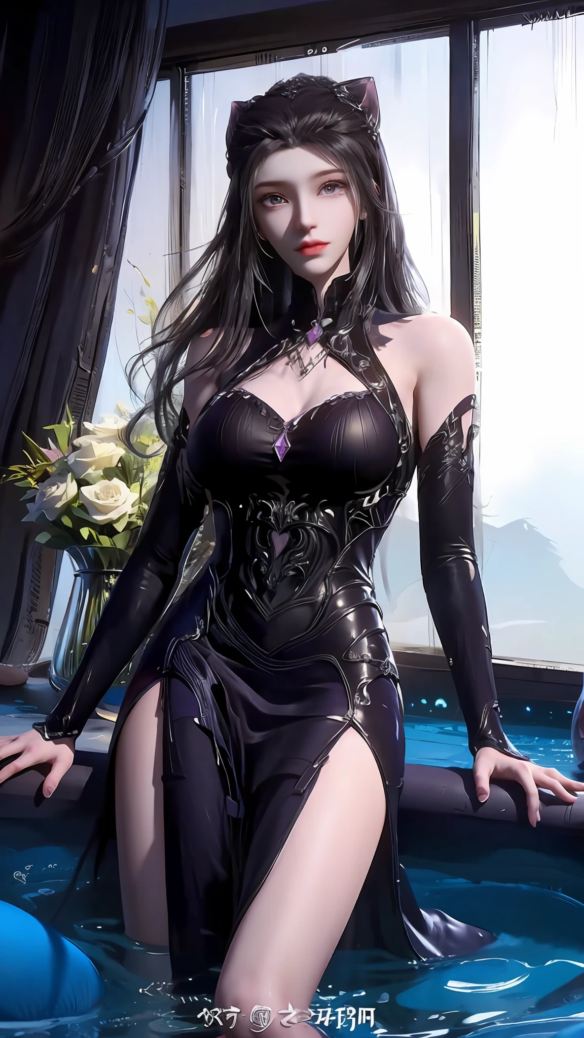 Anime - Stylistic image of a woman in a white and purple dress miniskirt，4 K detail fantasy，3 D rendering character art 8 K，anime highly detailed，Smooth anime CG art，Popular on CGstation，8K high-quality detail art，goddes。extremly high detail，hyper-detailed fantasy character，highly detailed character，2。5 D CGI anime fantasy artwork，cat ear