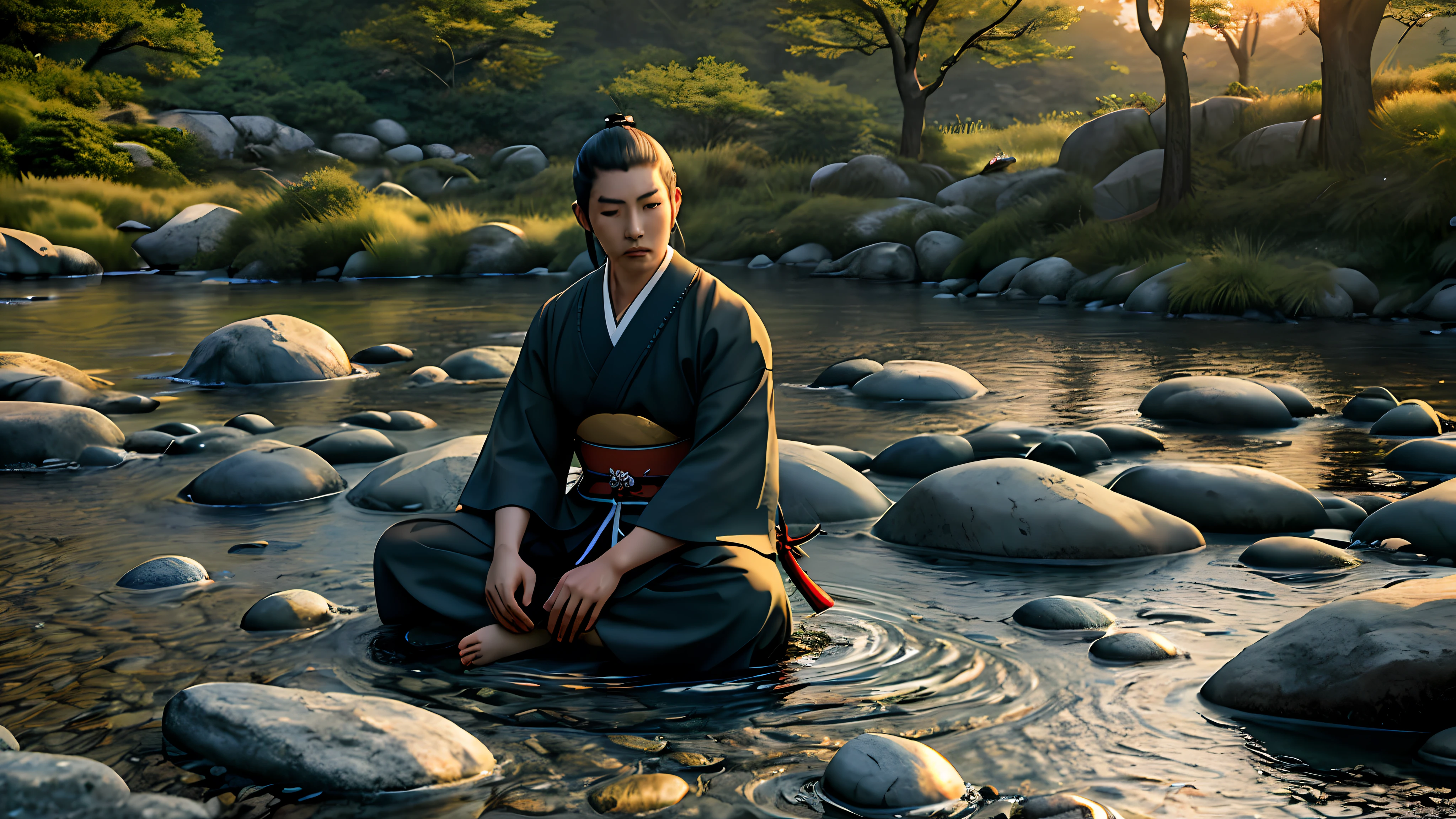 Beautiful Samurai, Meditating sitting, on the edge of a river full of stones, at sunset, ultra realistic photo, perfect face details, good skin texture, perfect shadows and light, award winning photo