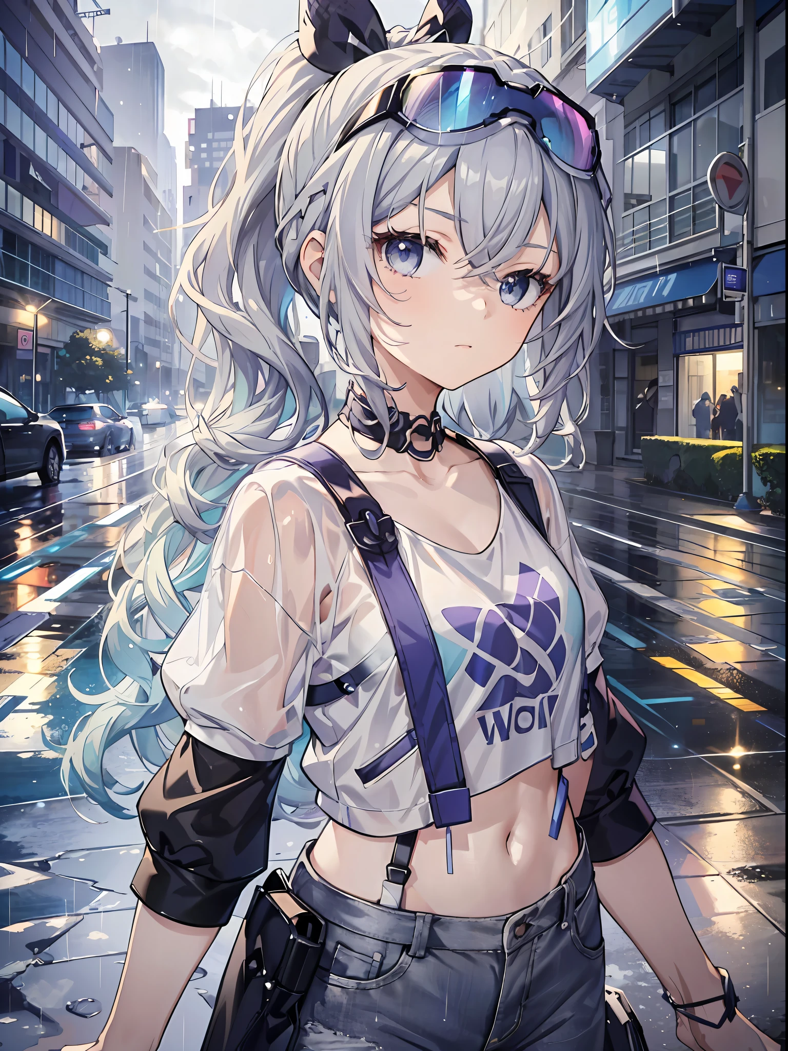 Exquisite masterpiece, best quality, illustration style, an anime girl with a curly ponytail, beautiful eyes, summer, white short-sleeved hem blown by the wind, jeans, blue-purple gradient goggles, small, heartwarming, youthful and beautiful, heroic and sassy, black and white matching, gray hair, showing a natural casual style. The dynamic posture contains the golden section, large aperture portrait, white space, strong contrast between light and shadow, super texture, super clear and concise picture, presenting extremely beautiful, elegant temperament, delicate facial expressions, city background, rainy days, road area water reflection