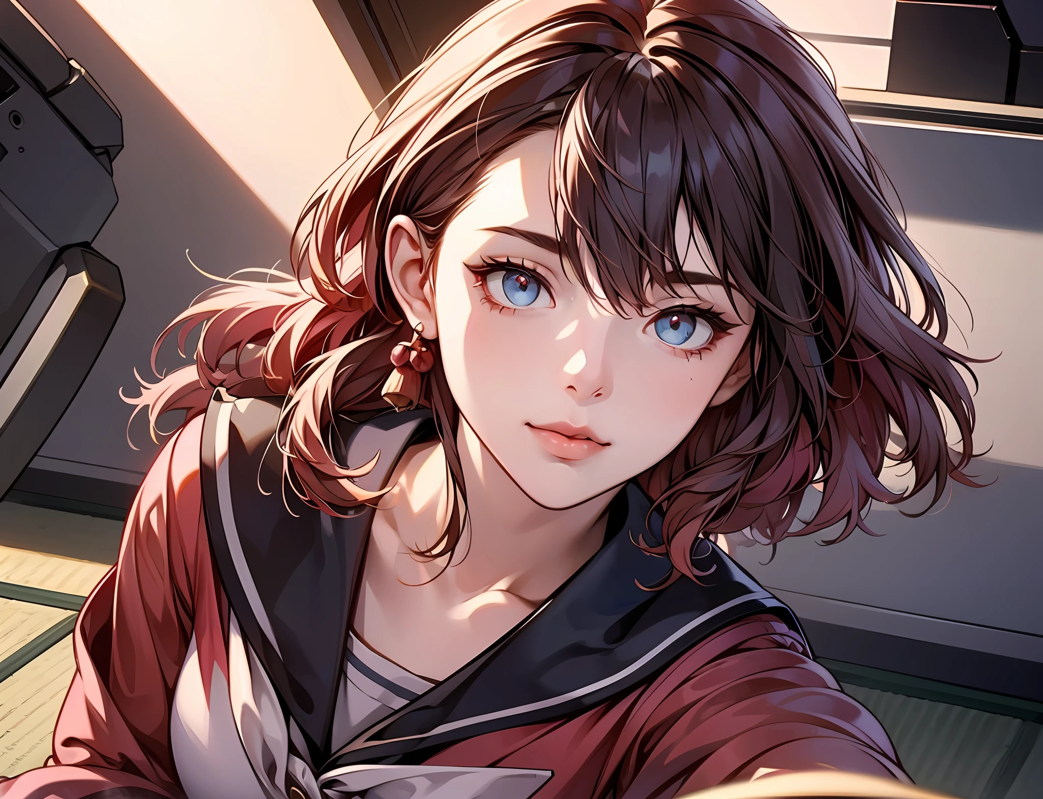 Anime girl with blue eyes and brown hair in a red jacket - SeaArt AI