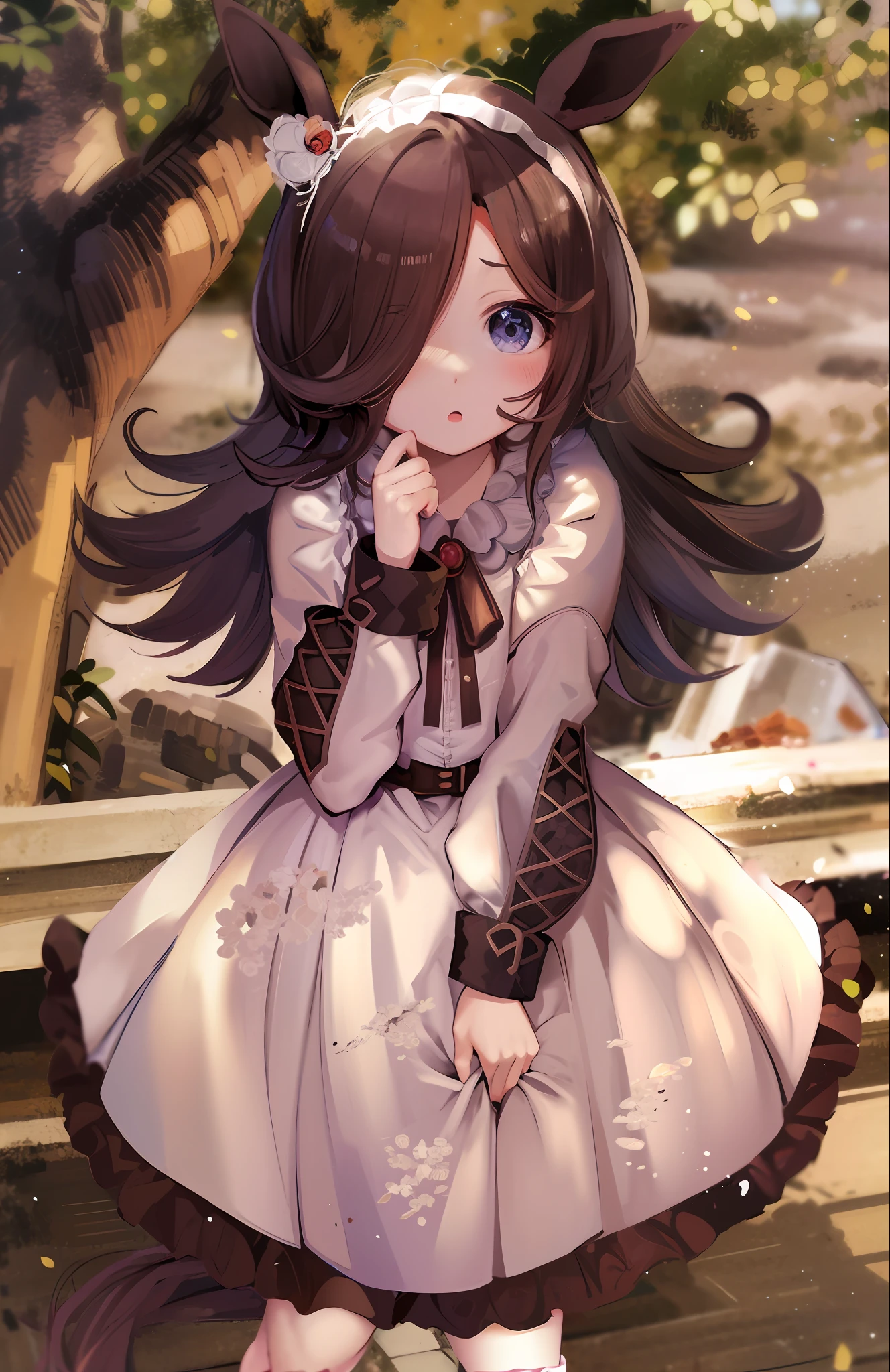 Anime girl in white dress and brown shoes sitting on bench, cute anime waifu in a nice dress, loli in dress, anime visual of a cute girl, Cute anime girl, Beautiful anime girl, pretty anime girl, Anime girl with long hair, style of anime4 K, a beautiful anime portrait, portrait anime girl, anime moe art style, (Anime girl)，Horse girl --auto