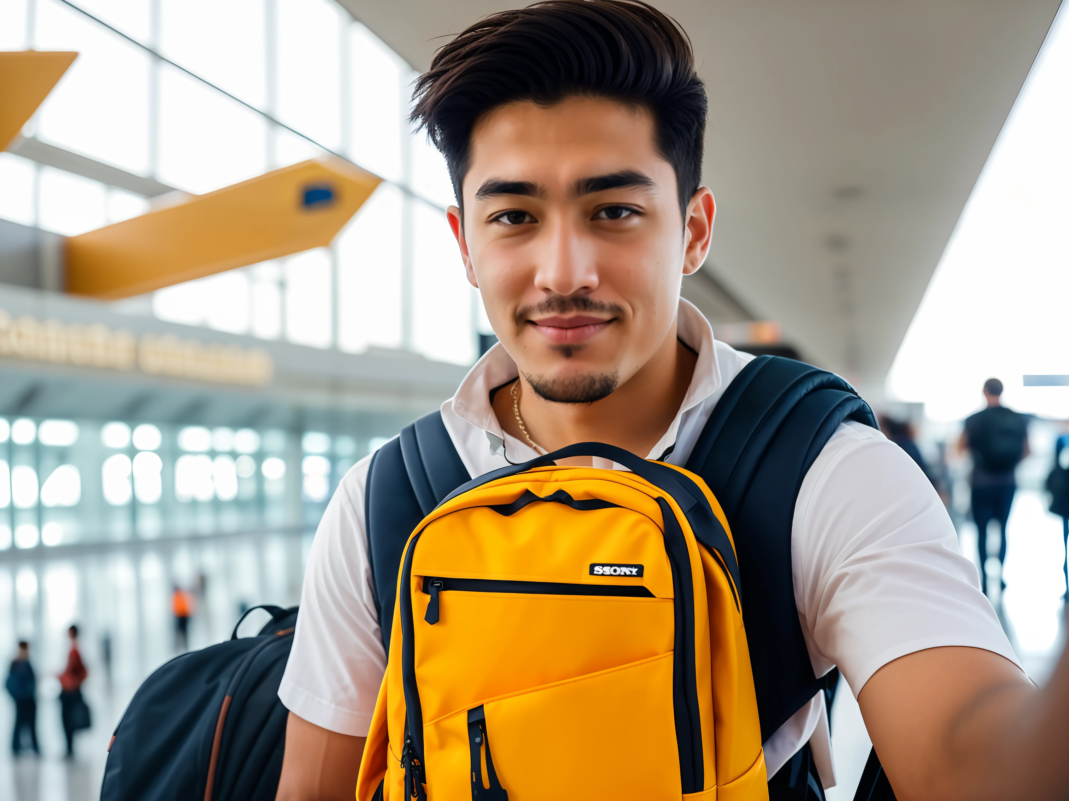 there is a man with a backpack taking a selfie in an airport, with accurate face, very very low quality picture, taken with sony a7r camera, taken with sony alpha 9, very accurate photo, at college, 8k selfie photograph, shot on nikon z9, front profile!!!!, photo taken with sony a7r camera, airport