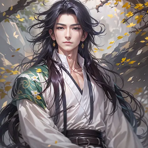 a close up of a person with long hair and a white shirt, handsome guy in demon slayer art, cai xukun, beautiful androgynous prin...