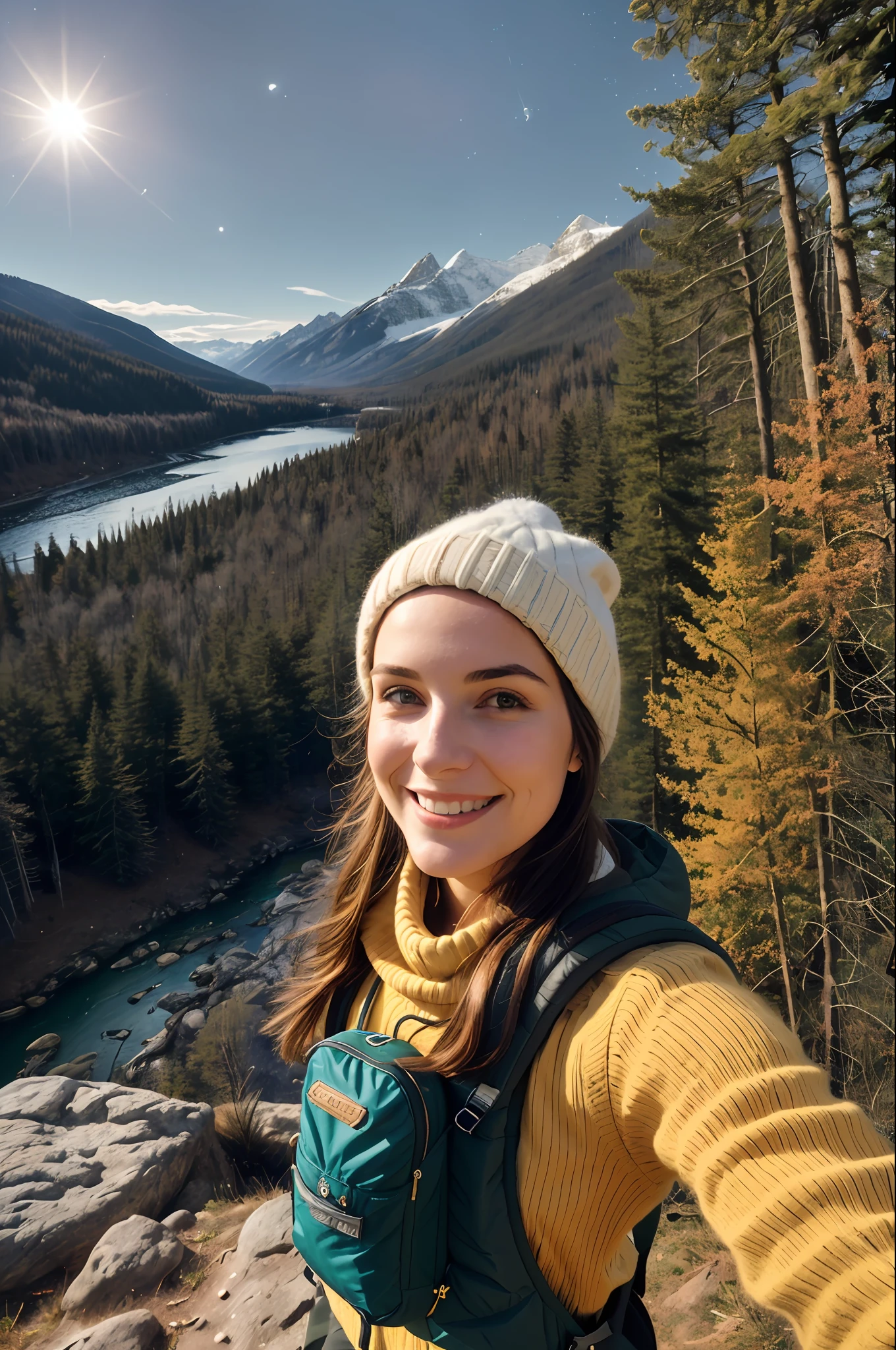 1 woman ((upper body selfie, happy)), masterpiece, best quality, ultra-detailed, ground, outdoor, (night), mountains, nature, (stars, moon) cheerful, happy, backpack, bag sleeping, camping stove, water bottle, mountain boots, gloves, sweater, hat, lantern, forest, stones, river, wood, smoke, shadows, contrast, clear sky, style, (warm hue, warm tone)