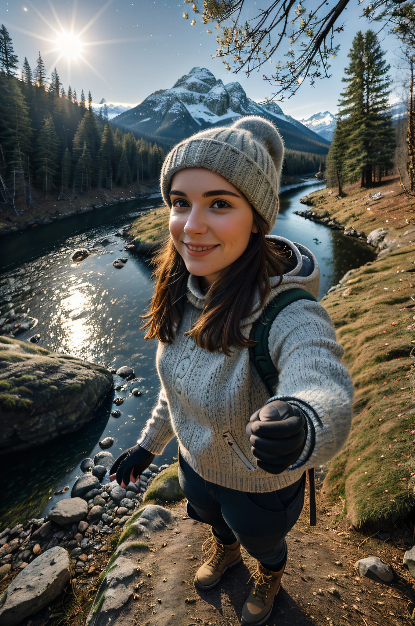 1 woman ((upper body selfie, happy)), masterpiece, best quality, ultra-detailed, ground, outdoor, (night), mountains, nature, (stars, moon) cheerful, happy, backpack, bag sleeping, camping stove, water bottle, mountain boots, gloves, sweater, hat, lantern, forest, stones, river, wood, smoke, shadows, contrast, clear sky, style, (warm hue, warm tone)