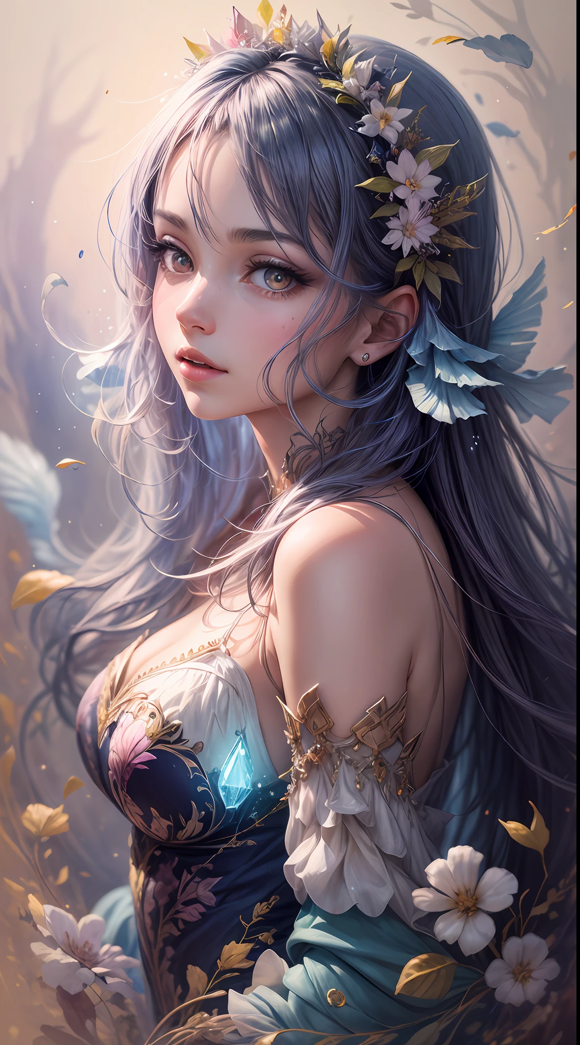 A captivating anime girl gracefully emerges from the pages of a watercolor painting, her vibrant and intricate colors breathing life into the artwork. She dons an extraordinary fantasy costume adorned with delicate details, reflecting the enchanting world she inhabits. Luminescent elements, like glowing crystals and ethereal wisps, surround her, casting a soft, otherworldly glow. The watercolor style imbues the image with a sense of fluidity and delicacy, as if the colors are effortlessly blending and bleeding into one another. Camera shot: medium shot, Camera lens: soft focus, Lighting: luminescent glow, watercolor brushstrokes,