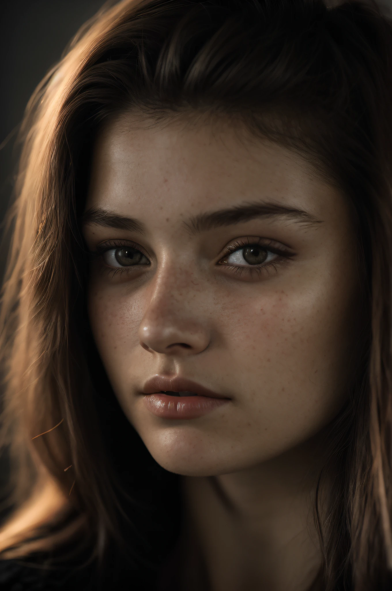 (Close-up, An editorial photo of a 21-year-old woman), (Highly detailed face:1.4) (Smile:0.7) (background inside dark, Moody, Private study:1.3) angle of view, by Lee Jeffries, Nikon D850, film stock photograph ,4 Kodak Portra 400 ,Camera f1.6 shots ,Rich colors ,Ultra photo realsisim ,Lifelike texture, Dramatic lighting , cine still 800,