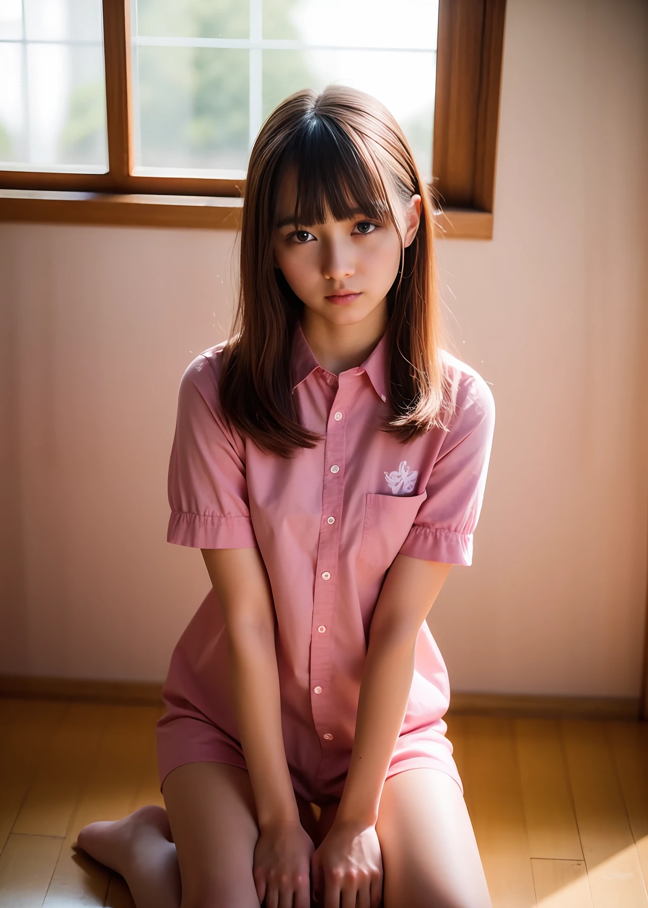 (solo),1girl,(tareme:1.2), (wear a  school uniform:1.3), (kawaii:1.3), (black hair,  bangs hair:1.2),(stand),
(full body), ribbons,hair ribbon, hair ornament,hair flower, evil, looking at viewer, pink long shirt,black eyes,symbol-shaped pupils, short sleeves, puffy sleeves, bangs, blush, blunt bangs, puffy short sleeves, jewelry, ribbon, makeup,eyelashes, necklace, wavy hair, indoors, messy room, window,sweet,girls's room,pink theme,painting \(medium\),teddy bear, stuffed toy, loaded interior,bedroom,  NaturalHand2-3500, Ultra-high quality photos, RAW photo, beautiful detailed face and eyes, (photorealistic:1.4), best quality, highres, realistic, 16k, caustics, Core shadow, dynamic light, beautiful and delicate lips, delicate fingers, detailed pupil, real human skin, (Extremely detailed), (natural lighting :1.2), gochuumon wa usagi desu ka?, masterpiece, best quality, nostalgic