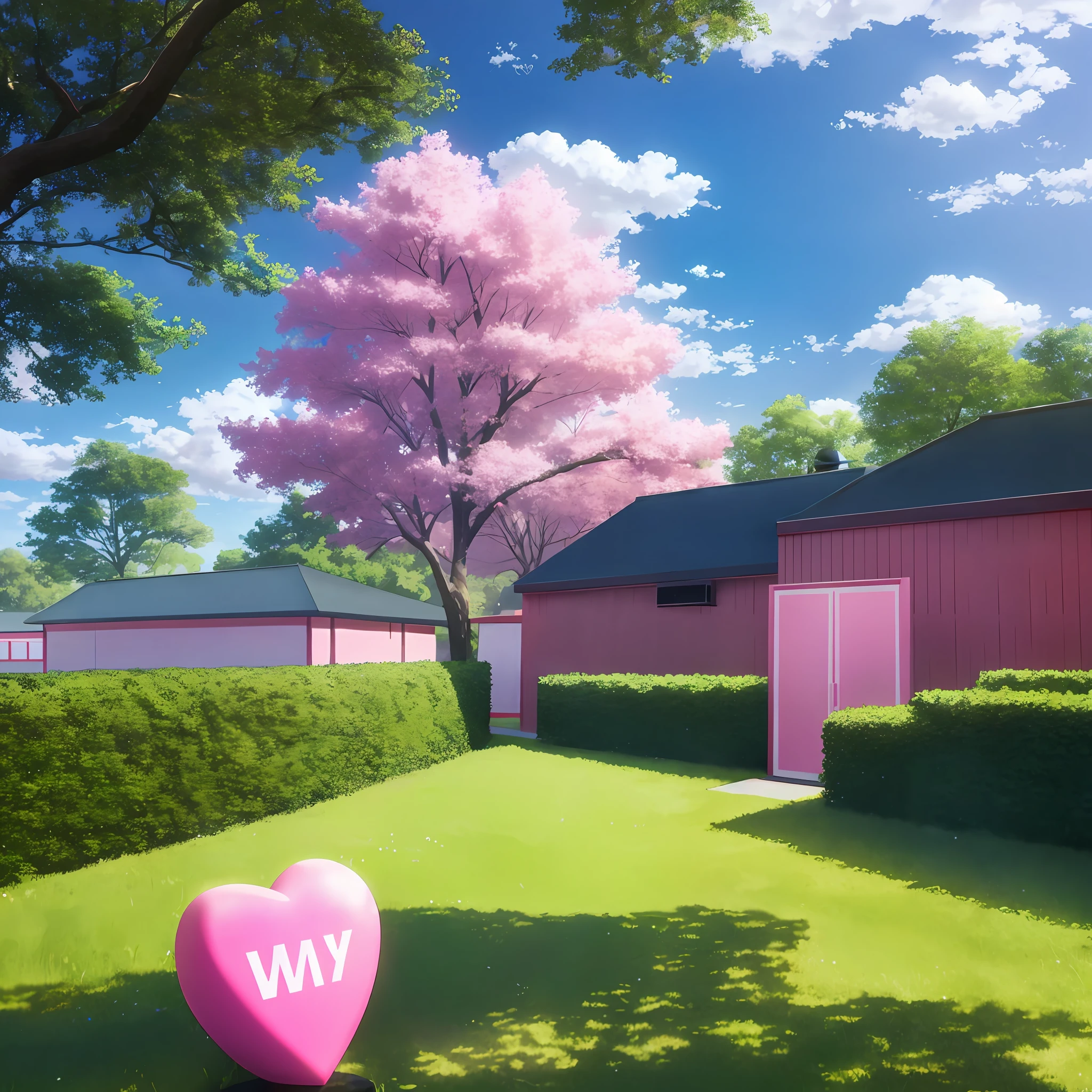 scenecy，ln the forest，simplistic design，love heart，Skysky，​​clouds，Animation-grade 8K detail，Pink vibe，SakuraNS，feater