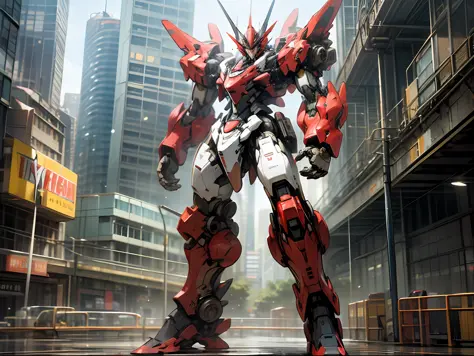 k hd、Best picture quality、ultra - detailed、Beautiful illustrations，Arapei robot standing on a city street，There are a lot of cars, Mecha suit, cool mecha style, anime large mecha robot, Full body mecha, mecha anime, full body red mech, Blue transparent mas...