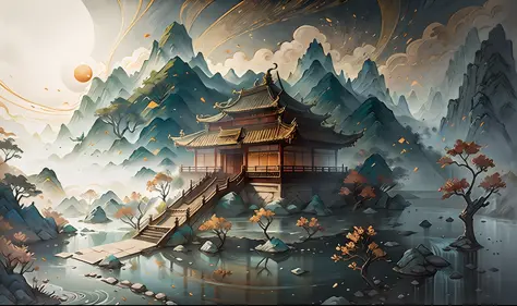 Ancient Chinese landscape painting，The mountains are majestic，The river meanders，Auspicious clouds float，The pavilion is elegant，and the sun was shining brightly，A masterpiece-level work of art，Super detailed，Extremely high-definition picture quality，High-...